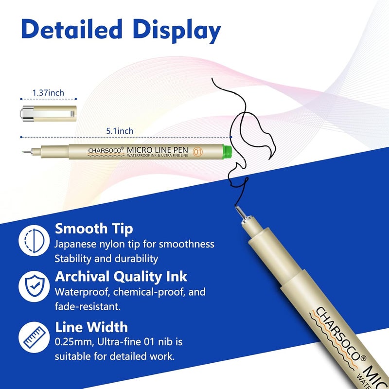 CHARSOCO 01 Micro Pen, Fine Point Pen with 12 Colors, Waterproof Archival Ink, 0.25mm Fineliner Ink Pens for Artist Illustration, Sketching, Anime, Manga, Technical Drawing and Scrapbooking - Image 3